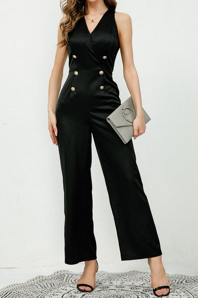 BEAUTIFUL I AM V-Neck Sleeveless Decorative Buttons Pants Jumpsuit