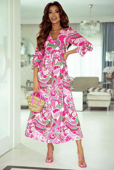 BEAUTIFUL I AM Printed Surplice Neck Flounce Sleeve Dress