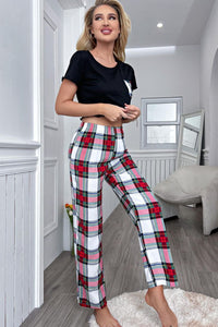 BEAUTIFUL I AM Lettuce Trim Cropped T-Shirt and Plaid Pants Lounge Set Sleep Wear