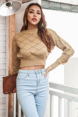 BEAUTIFUL I AM Openwork Plaid Round Neck Cropped Sweater