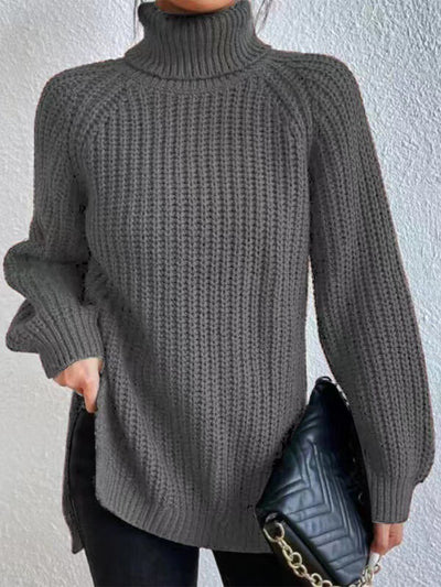 BEAUTIFUL I AM Full Size Turtleneck Rib-Knit Slit Sweater