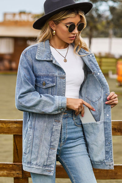 BEAUTIFUL I AM Buttoned Collared Neck Denim Packable Jacket with Pockets