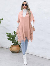 BEAUTIFUL I AM Fringe Trim Buttoned Hooded Poncho