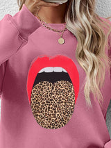 BEAUTIFUL I AM Leopard Lip Graphic Round Neck Sweatshirt