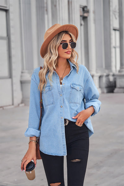 BEAUTIFUL I AM Collared Neck Dropped Shoulder Denim Shirt Top