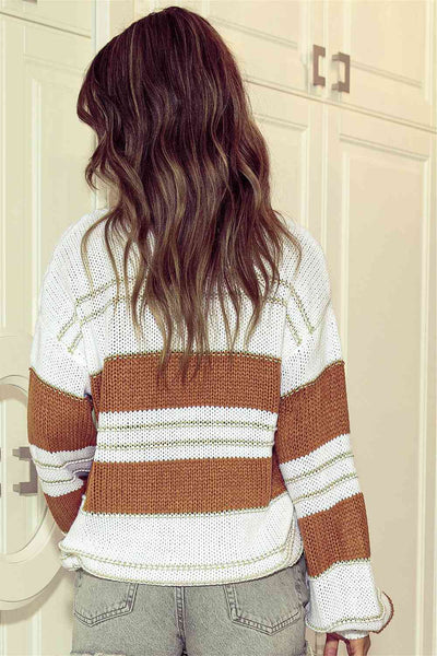 BEAUTIFUL I AM Striped Drop Shoulder Lantern Sleeve Sweater