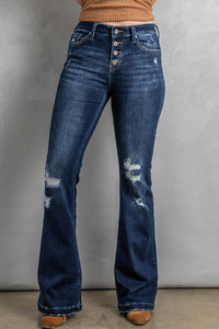 BEAUTIFUL I AM Button Fly Distressed Bootcut Jeans