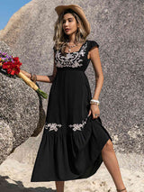 BEAUTIFUL I AM Embroidered Square Neck Ruffle Hem Dress