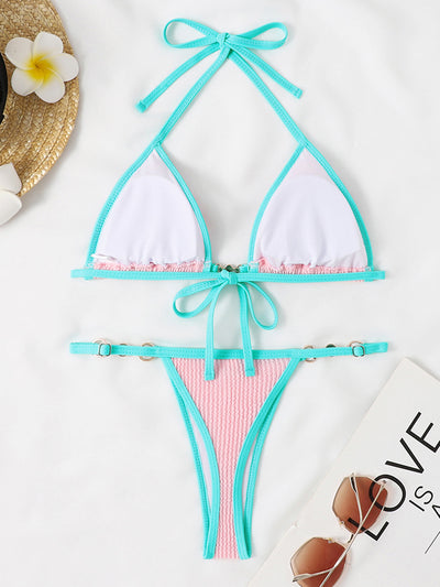 BEAUTIFUL I AM Textured Contrast Halter Neck Two-Piece Bikini Swim Set