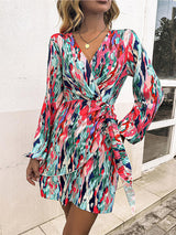 BEAUTIFUL I AM Printed Surplice Balloon Sleeve Mini Dress