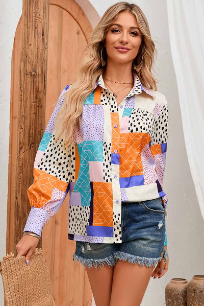 BEAUTIFUL I AM Patchwork Puff Sleeve Collared Shirt