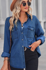 BEAUTIFUL I AM Collared Neck Dropped Shoulder Denim Shirt Top