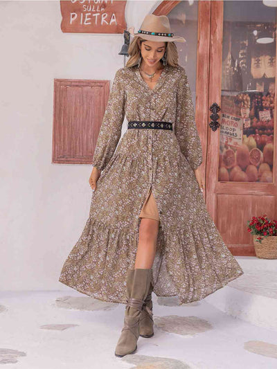 BEAUTIFUL I AM Floral Button Up V-Neck Tiered Dress