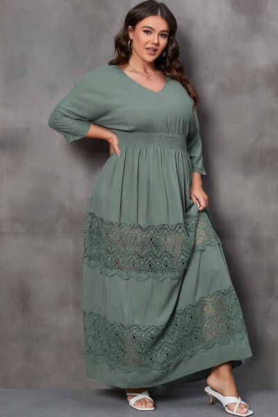 BEAUTIFUL I AM Plus Size Tied V-Neck Smocked Crochet Maxi Dress