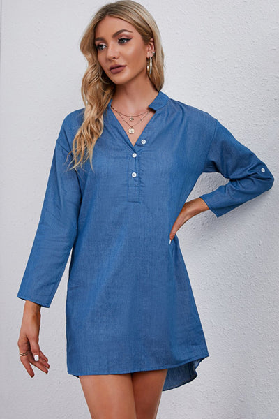 BEAUTIFUL I AM Half-Button Notched Neck High-Low Denim Dress