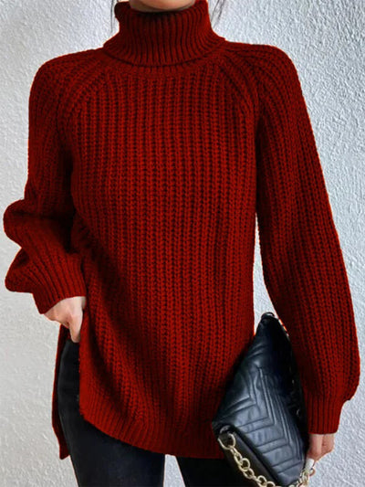 BEAUTIFUL I AM Full Size Turtleneck Rib-Knit Slit Sweater