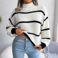 BEAUTIFUL I AM Striped Mock Neck Dropped Shoulder Sweater