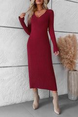 BEAUTIFUL I AM V-Neck Long Sleeve Ribbed Sweater Dress