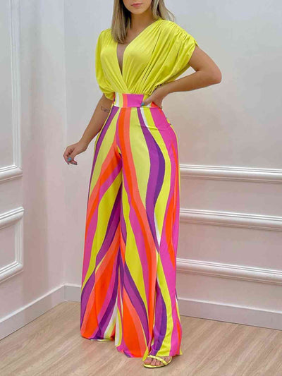 BEAUTIFUL I AM Printed Surplice Top and Wide Leg Pants Set