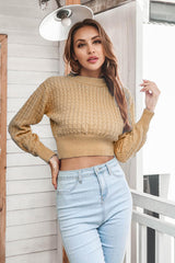 BEAUTIFUL I AM Round Neck Long Sleeve Cropped Sweater