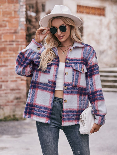 BEAUTIFUL I AM Plaid Dropped Shoulder Collared Jacket