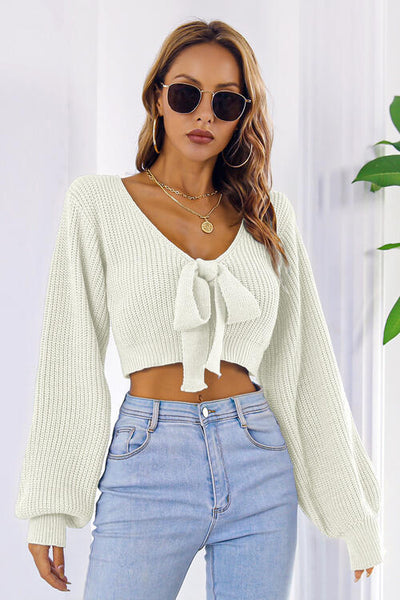 BEAUTIFUL I AM Bow V-Neck Long Sleeve Cropped Sweater