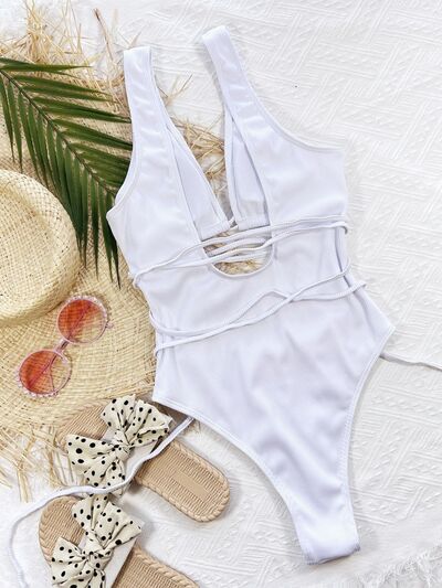 BEAUTIFUL I AM Ribbed Lace Up One-Piece Swimsuit Swim Set