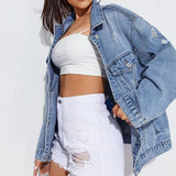 BEAUTIFUL I AM Collared Neck Button-Up Distressed Denim Jacket