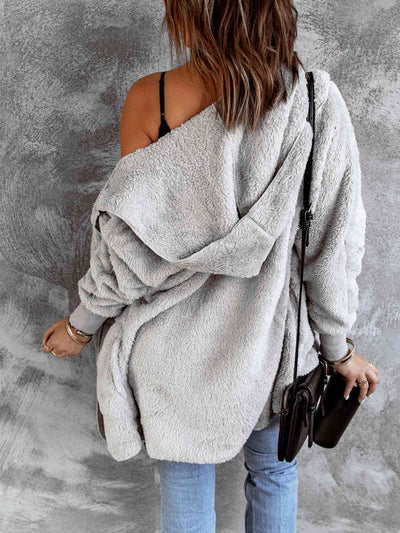 BEAUTIFUL I AM Open Front Hooded Faux Fur Outwear Jacket with Pockets