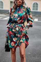 BEAUTIFUL I AM Printed Tie Waist Mock Neck Lantern Sleeve Dress