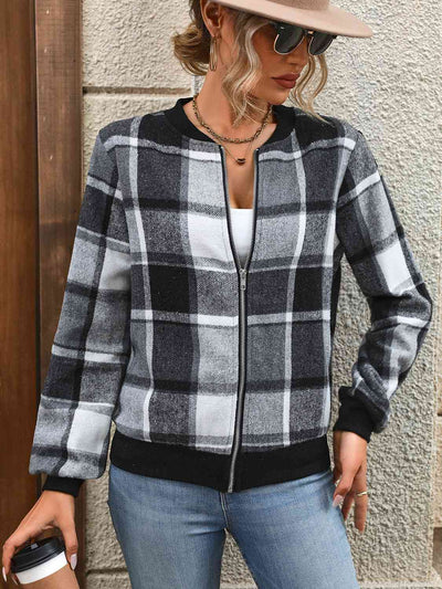 BEAUTIFUL I AM Plaid Zip Up Baseball Collar Jacket