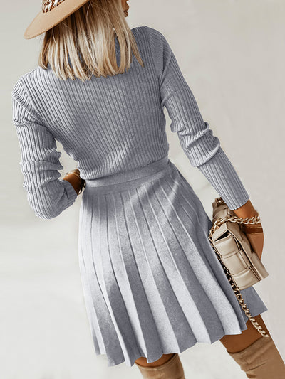 BEAUTIFUL I AM Surplice Neck Tie Front Pleated Sweater Dress