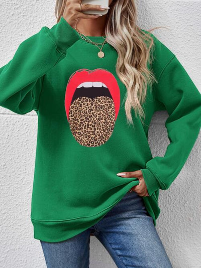 BEAUTIFUL I AM Leopard Lip Graphic Round Neck Sweatshirt