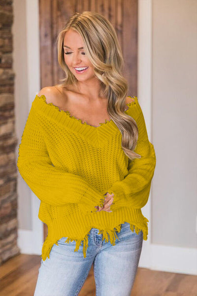 BEAUTIFUL I AM Frayed Hem Dropped Shoulder Sweater