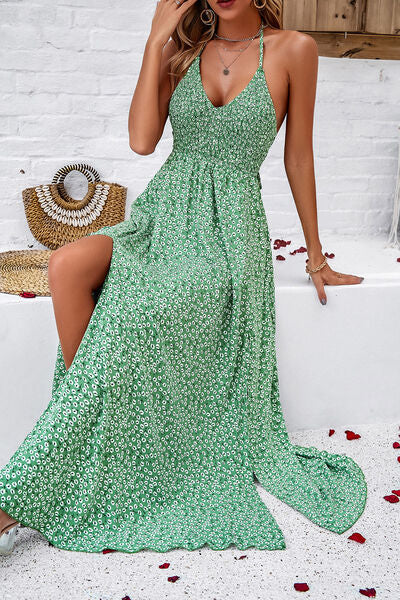 BEAUTIFUL I AM Smocked Slit Tied Printed Dress