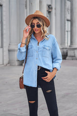 BEAUTIFUL I AM Collared Neck Dropped Shoulder Denim Shirt Top