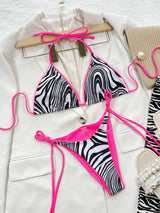 BEAUTIFUL I AM Zebra Print Pink Halter Neck Tie Side Bikini Swim Set