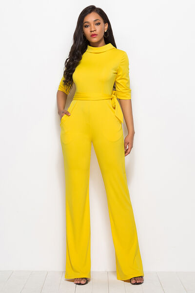 BEAUTIFUL I AM Mock Neck Tie-Waist Half Sleeve Pants Jumpsuit