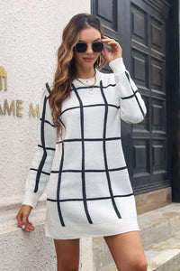 BEAUTIFUL I AM Plaid Round Neck Long Sleeve Sweater Dress