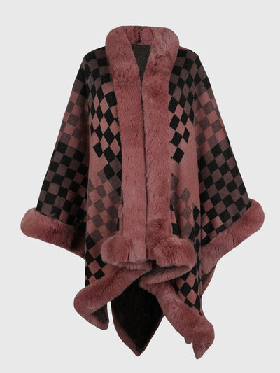 BEAUTIFUL I AM Checkered Faux Fur Trim Poncho