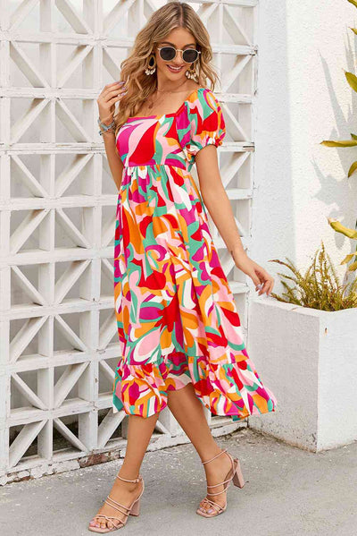 BEAUTIFUL I AM Printed Square Neck Short Sleeve Dress