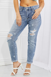 BEAUTIFUL I AM Judy Blue Sarah Full Size Star Pattern Boyfriend Jeans