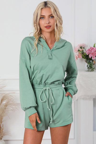 BEAUTIFUL I AM Drawstring Waist Hooded Shorts Romper with Pockets