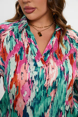 BEAUTIFUL I AM Plus Size Printed Johnny Collar Long Sleeve Blouse Shirt