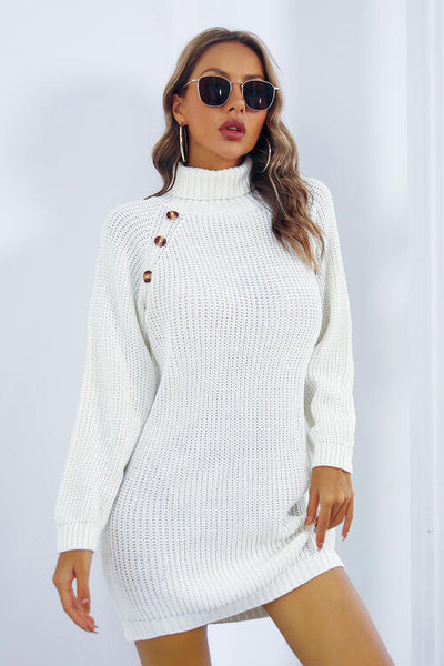 BEAUTIFUL I AM Buttoned Turtleneck Long Sleeve Sweater Dress