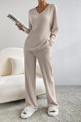 BEAUTIFUL I AM Ribbed V-Neck Top and Pants Set