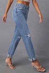 BEAUTIFUL I AM Distressed Raw Hem Straight Jeans with Pockets