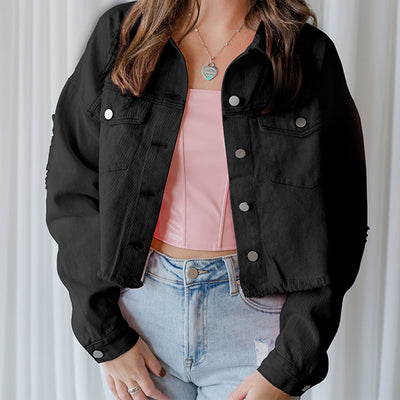 BEAUTIFUL I AM Distressed Raw Hem Dropped Shoulder Denim Jacket