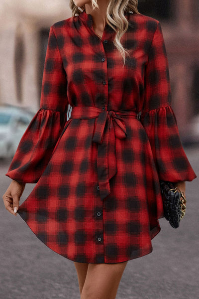 BEAUTIFUL I AM Plaid Tie Waist Balloon Sleeve Mini Dress