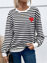 BEAUTIFUL I AM Heart Patch Striped Round Neck Long Sleeve Sweatshirt